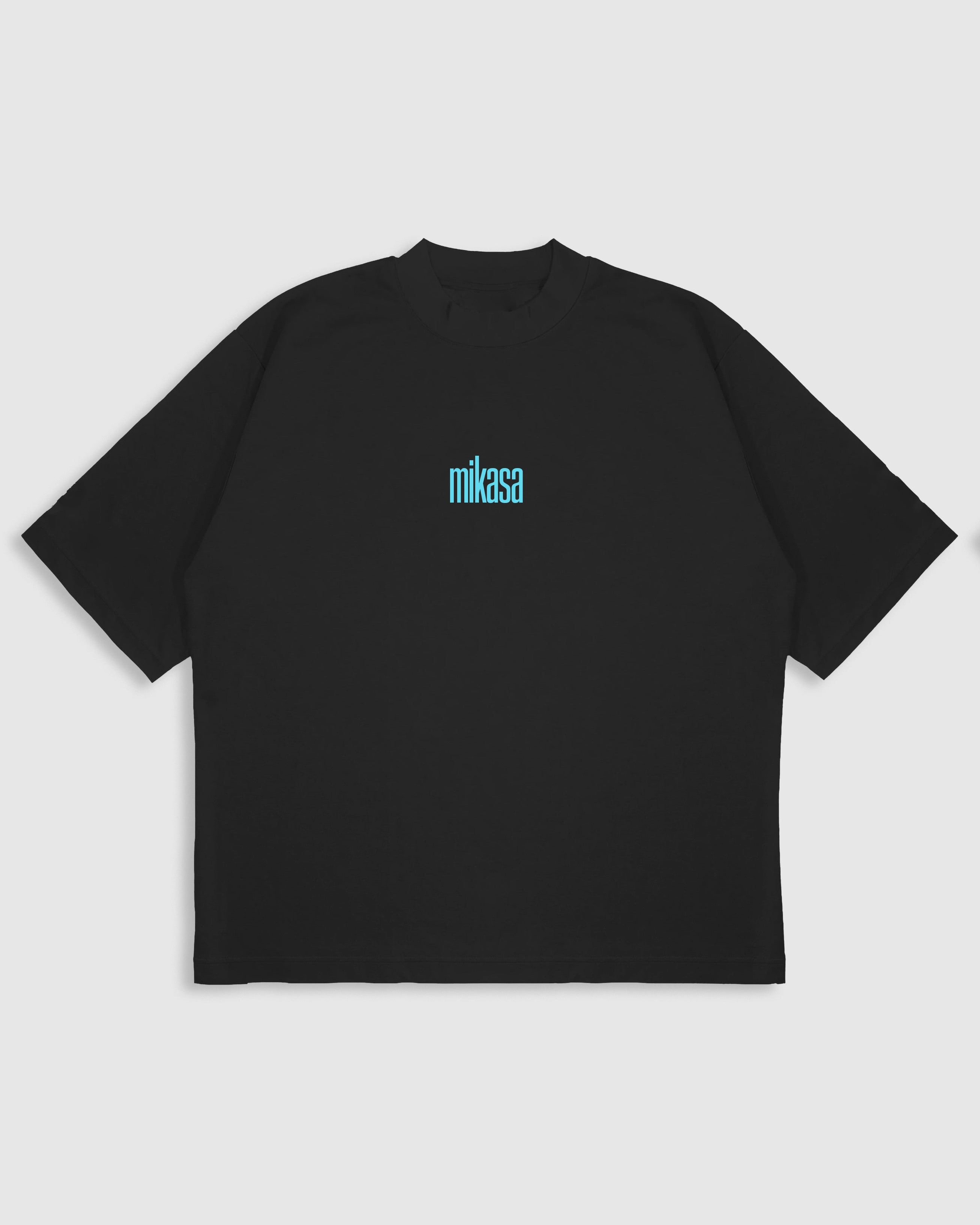 Black t-shirt with colorful graphic design on the back, displayed on a white background